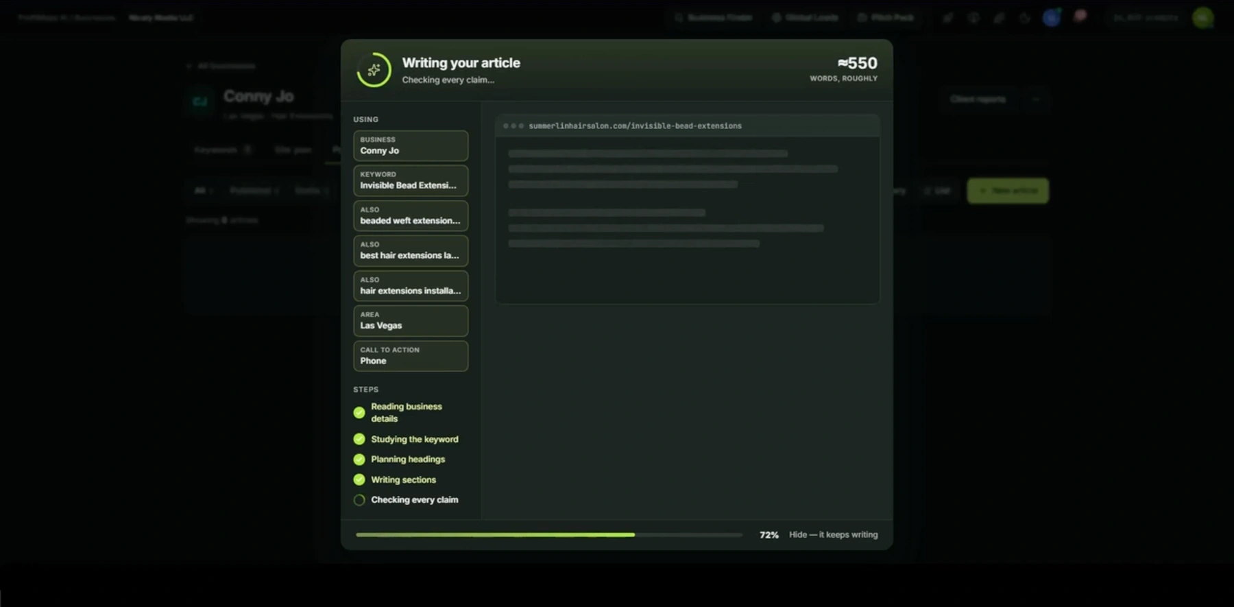 ProfitMaps AI vendor article-generation dialog showing business and keyword inputs, Las Vegas area, phone call to action and draft-writing progress