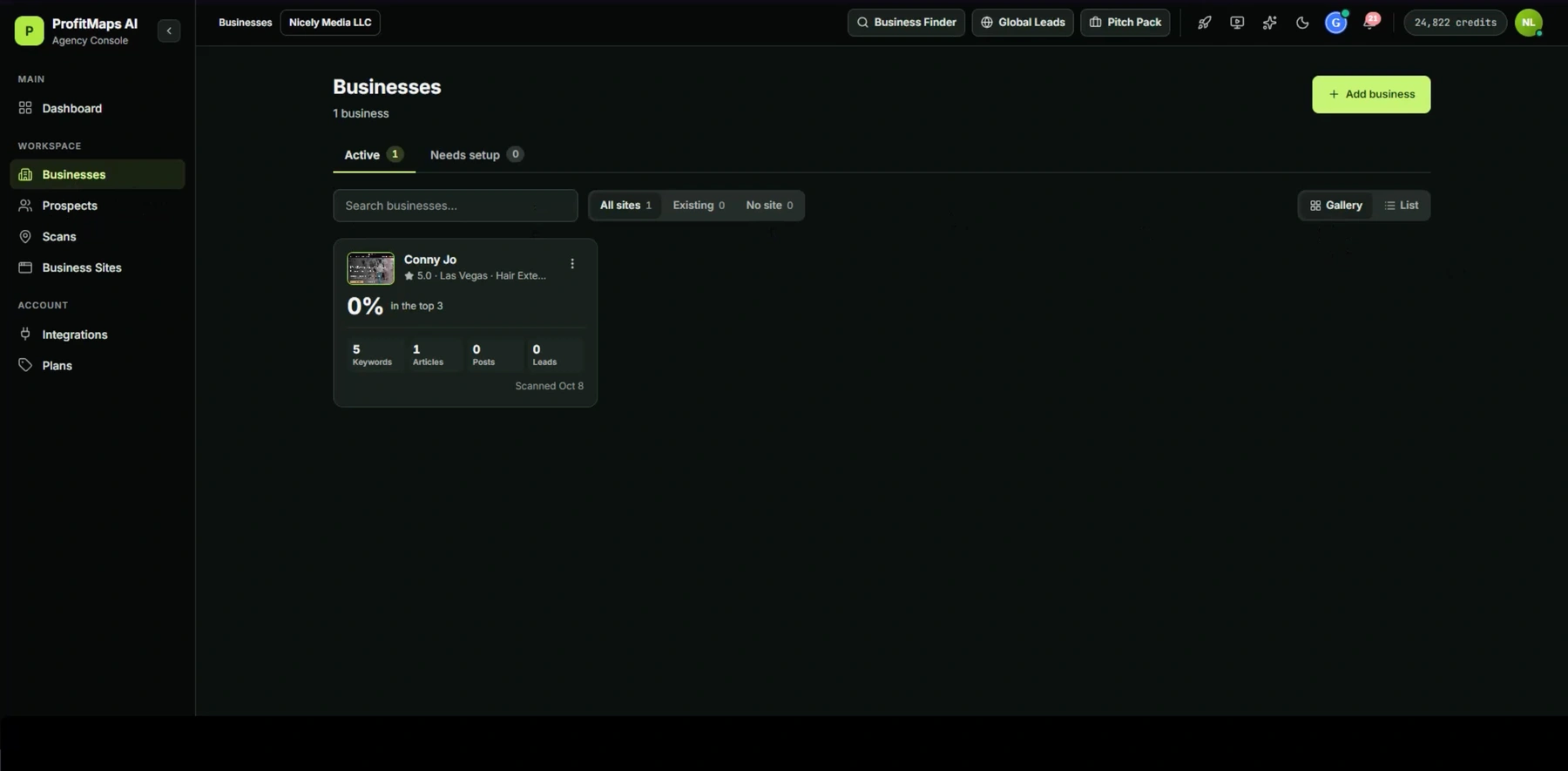 ProfitMaps AI vendor demo Businesses dashboard with an active business card, search field, Add business button and Scans navigation