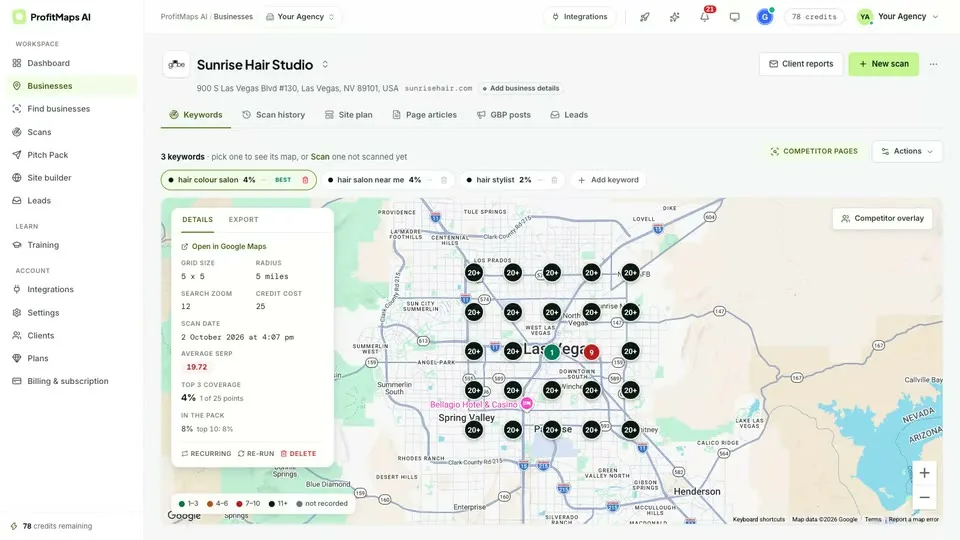 ProfitMaps AI vendor interface showing Google Maps rankings across a 5 by 5 grid