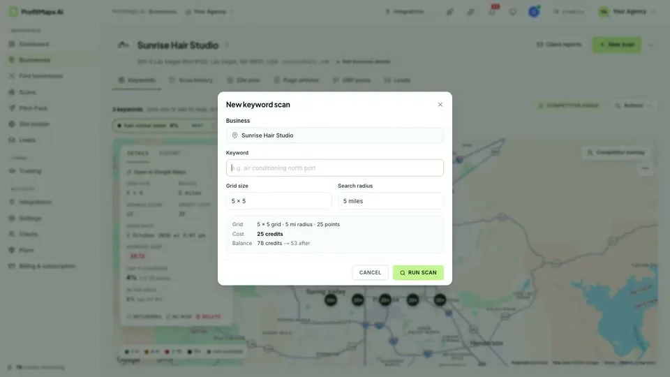 ProfitMaps AI scan configuration with radius, default 5 by 5 grid and credit-cost preview