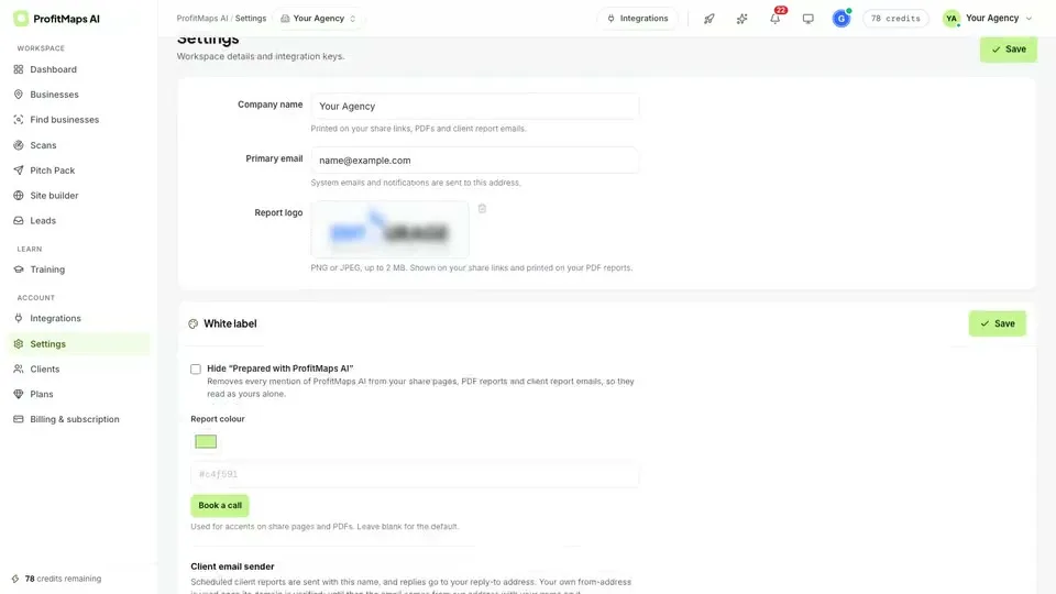 ProfitMaps AI Pro report settings for company name, logo and removal of software attribution